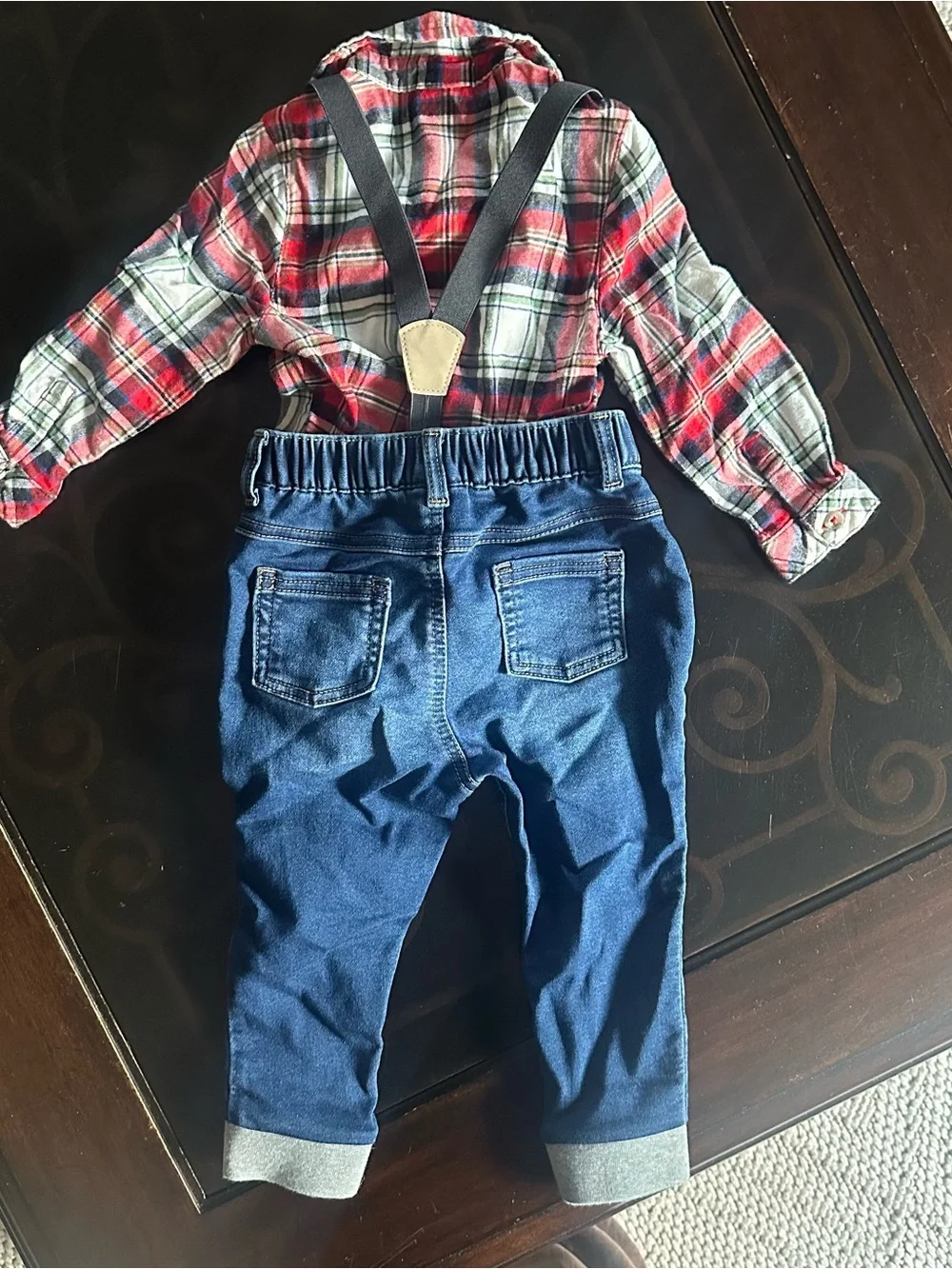 Cat and Jack Baby Red Plaid Shirt & Blue Denim Suspender Pants Set, 18 Months